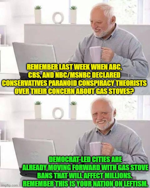 There are lies, damn lies, and Democrats opening their mouths. | REMEMBER LAST WEEK WHEN ABC, CBS, AND NBC/MSNBC DECLARED CONSERVATIVES PARANOID CONSPIRACY THEORISTS OVER THEIR CONCERN ABOUT GAS STOVES? DEMOCRAT-LED CITIES ARE ALREADY MOVING FORWARD WITH GAS STOVE BANS THAT WILL AFFECT MILLIONS.  REMEMBER THIS IS YOUR NATION ON LEFTISM. | image tagged in hide the pain harold | made w/ Imgflip meme maker