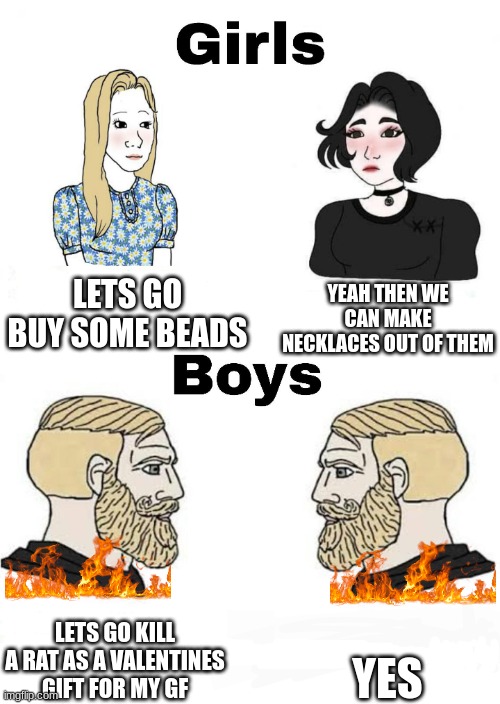 Girls vs Boys | LETS GO BUY SOME BEADS; YEAH THEN WE CAN MAKE NECKLACES OUT OF THEM; YES; LETS GO KILL A RAT AS A VALENTINES GIFT FOR MY GF | image tagged in girls vs boys | made w/ Imgflip meme maker