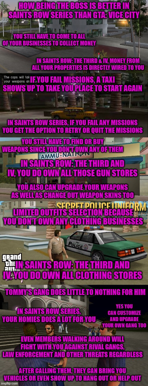 HOW BEING THE BOSS IS BETTER IN SAINTS ROW SERIES THAN GTA: VICE CITY; YOU STILL HAVE TO COME TO ALL OF YOUR BUSINESSES TO COLLECT MONEY; IN SAINTS ROW: THE THIRD & IV, MONEY FROM ALL YOUR PROPERTIES IS DIRECTLY WIRED TO YOU; IF YOU FAIL MISSIONS, A TAXI SHOWS UP TO TAKE YOU PLACE TO START AGAIN; IN SAINTS ROW SERIES, IF YOU FAIL ANY MISSIONS YOU GET THE OPTION TO RETRY OR QUIT THE MISSIONS; YOU STILL HAVE TO FIND OR BUY WEAPONS SINCE YOU DON'T OWN ANY OF THEM; IN SAINTS ROW: THE THIRD AND IV, YOU DO OWN ALL THOSE GUN STORES; YOU ALSO CAN UPGRADE YOUR WEAPONS AS WELL AS CHANGE OUT WEAPON SKINS TOO; LIMITED OUTFITS SELECTION BECAUSE YOU DON'T OWN ANY CLOTHING BUSINESSES; IN SAINTS ROW: THE THIRD AND IV, YOU DO OWN ALL CLOTHING STORES; TOMMY'S GANG DOES LITTLE TO NOTHING FOR HIM; YES YOU CAN CUSTOMIZE AND UPGRADE YOUR OWN GANG TOO; IN SAINTS ROW SERIES, YOUR HOMIES DOES A LOT FOR YOU; EVEN MEMBERS WALKING AROUND WILL FIGHT WITH YOU AGAINST RIVAL GANGS, LAW ENFORCEMENT AND OTHER THREATS REGARDLESS; AFTER CALLING THEM, THEY CAN BRING YOU VEHICLES OR EVEN SHOW UP TO HANG OUT OR HELP OUT | image tagged in saints row,gta,being a boss | made w/ Imgflip meme maker