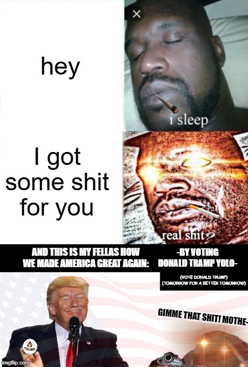 sleeping taxpayer | hey; I got some shit for you; -BY VOTING DONALD TRAMP Y0L0-; AND THIS IS MY FELLAS HOW WE MADE AMERICA GREAT AGAIN:; (VOTE DONALD TRUMP) (TOMORROW FOR A BETTER TOMORROW); GIMME THAT SHIT! MOTHE-- | image tagged in memes,sleeping shaq,relatable memes,donald trump,politics,political meme | made w/ Imgflip meme maker