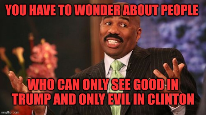 Steve Harvey Meme | YOU HAVE TO WONDER ABOUT PEOPLE WHO CAN ONLY SEE GOOD IN TRUMP AND ONLY EVIL IN CLINTON | image tagged in memes,steve harvey | made w/ Imgflip meme maker