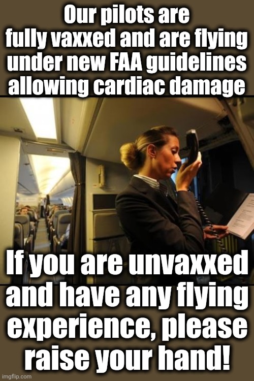 New for 2023 | Our pilots are fully vaxxed and are flying under new FAA guidelines allowing cardiac damage; If you are unvaxxed
and have any flying
experience, please
raise your hand! | image tagged in memes,pilots,covid-19,coronavirus,vaccines,cardiac damage | made w/ Imgflip meme maker