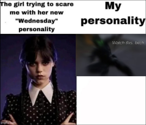 The girl trying to scare me with her new Wednesday personality | image tagged in the girl trying to scare me with her new wednesday personality | made w/ Imgflip meme maker