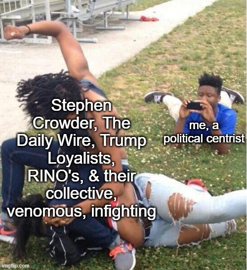 Right wing infighting |  Stephen Crowder, The Daily Wire, Trump Loyalists, RINO's, & their collective, venomous, infighting; me, a political centrist | image tagged in guy recording a fight | made w/ Imgflip meme maker