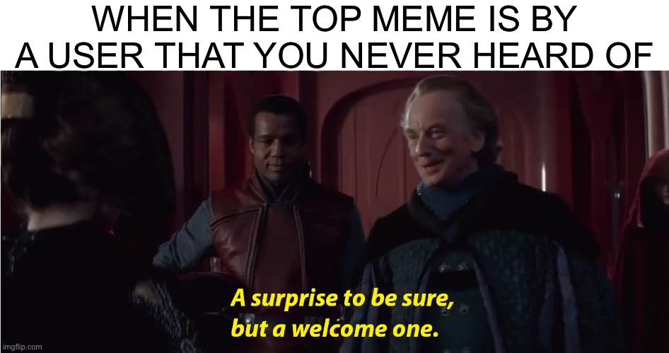 It's very rare tho |  WHEN THE TOP MEME IS BY A USER THAT YOU NEVER HEARD OF | image tagged in a suprise to be sure but a welcome one,imgflip,memes,frontpage,imgflip meme,imgflippers | made w/ Imgflip meme maker