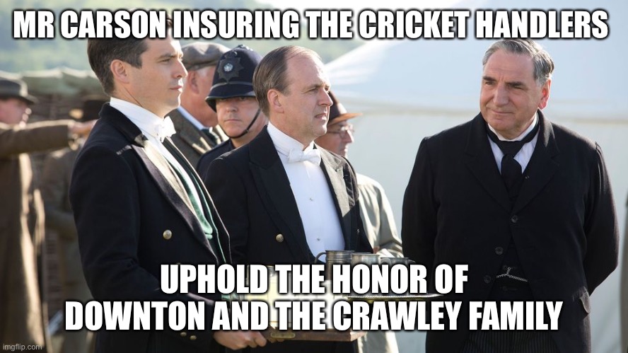 Royal Cricket handlers | MR CARSON INSURING THE CRICKET HANDLERS; UPHOLD THE HONOR OF DOWNTON AND THE CRAWLEY FAMILY | image tagged in royalties | made w/ Imgflip meme maker