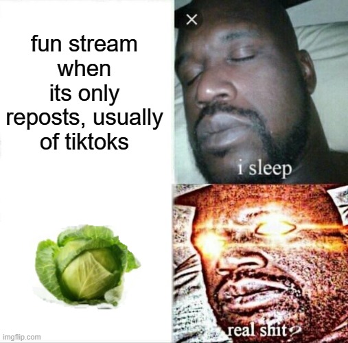 Lechuga | fun stream when its only reposts, usually of tiktoks | image tagged in memes,sleeping shaq,lettuce,meme,vegetables,upvote begging | made w/ Imgflip meme maker