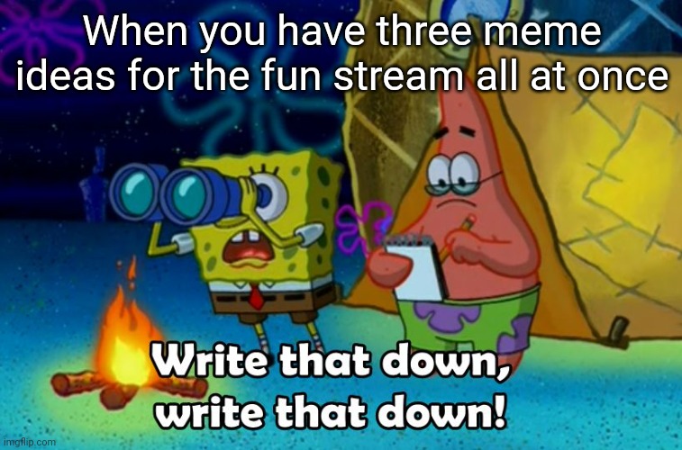 It happened to me when I thought of this meme |  When you have three meme ideas for the fun stream all at once | image tagged in write that down,fun stream,spongebob,rip | made w/ Imgflip meme maker