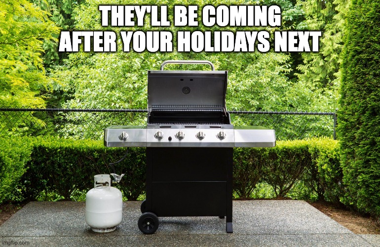 Green New Steal | THEY'LL BE COMING AFTER YOUR HOLIDAYS NEXT | image tagged in gas,gas stove,naturalgass,green new steal | made w/ Imgflip meme maker