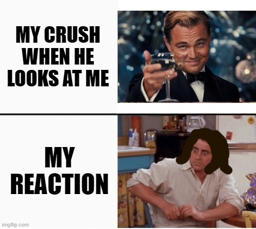Even guys can relate to this | MY CRUSH WHEN HE LOOKS AT ME; MY REACTION | image tagged in joey shocked | made w/ Imgflip meme maker