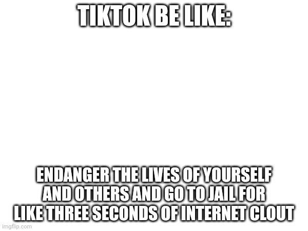 More deaths and arrests have been caused by TikTok than most crimes and injuries | TIKTOK BE LIKE:; ENDANGER THE LIVES OF YOURSELF AND OTHERS AND GO TO JAIL FOR LIKE THREE SECONDS OF INTERNET CLOUT | image tagged in blank white template | made w/ Imgflip meme maker