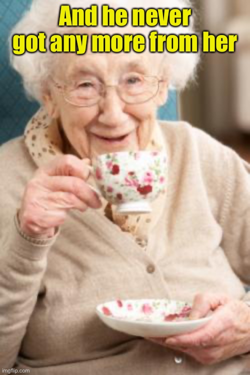 Old lady drinking tea | And he never got any more from her | image tagged in old lady drinking tea | made w/ Imgflip meme maker