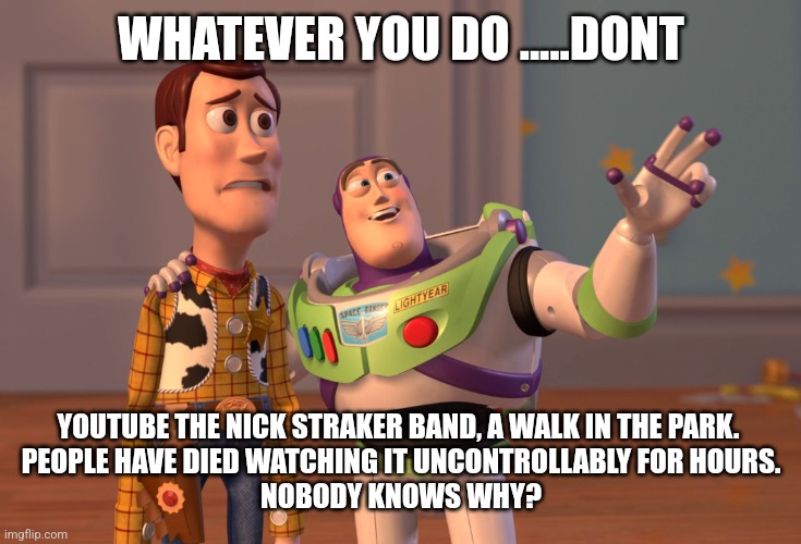 X, X Everywhere | WHATEVER YOU DO .....DONT; YOUTUBE THE NICK STRAKER BAND, A WALK IN THE PARK. 
PEOPLE HAVE DIED WATCHING IT UNCONTROLLABLY FOR HOURS.
NOBODY KNOWS WHY? | image tagged in memes,x x everywhere | made w/ Imgflip meme maker