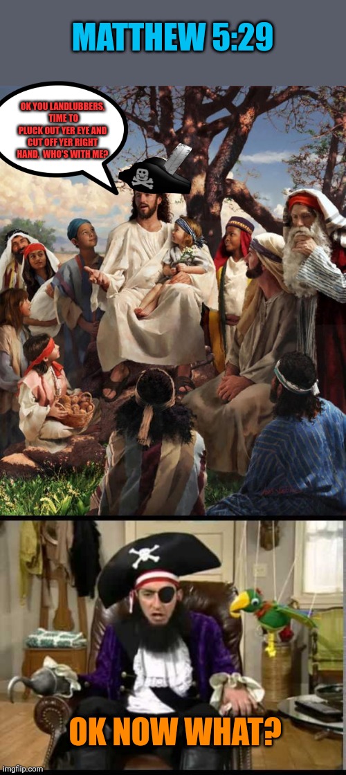 Is Scripture to be taken literally? Let's discuss the difficult saying of Jesus | MATTHEW 5:29; OK YOU LANDLUBBERS,  TIME TO PLUCK OUT YER EYE AND CUT OFF YER RIGHT HAND,  WHO'S WITH ME? OK NOW WHAT? | image tagged in story time jesus,patchy the pirate that's it | made w/ Imgflip meme maker
