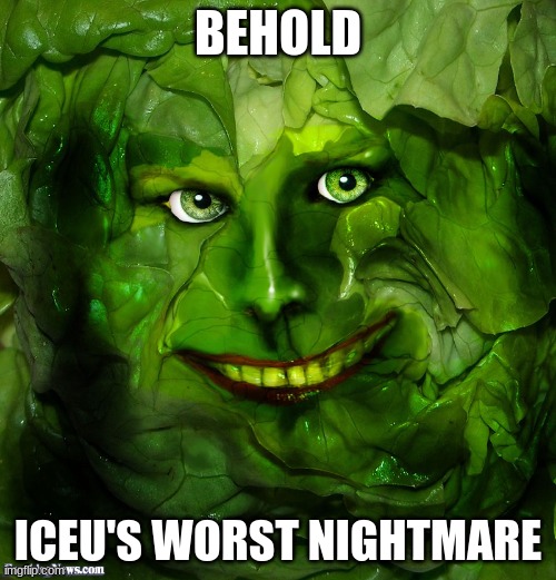 LetuceMan | BEHOLD; ICEU'S WORST NIGHTMARE | image tagged in letuceman | made w/ Imgflip meme maker