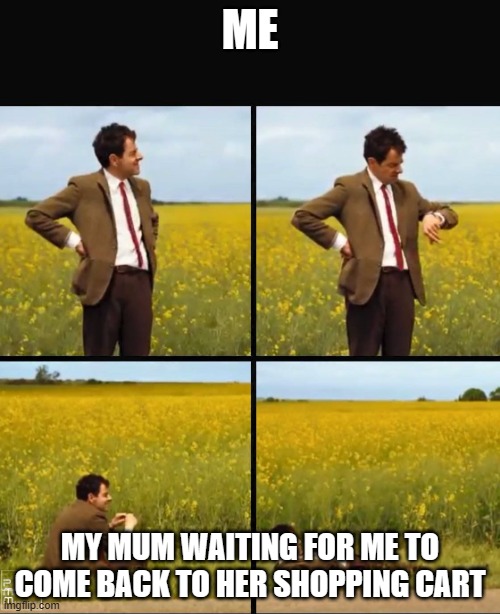 Mr bean waiting | ME; MY MUM WAITING FOR ME TO COME BACK TO HER SHOPPING CART | image tagged in mr bean waiting | made w/ Imgflip meme maker