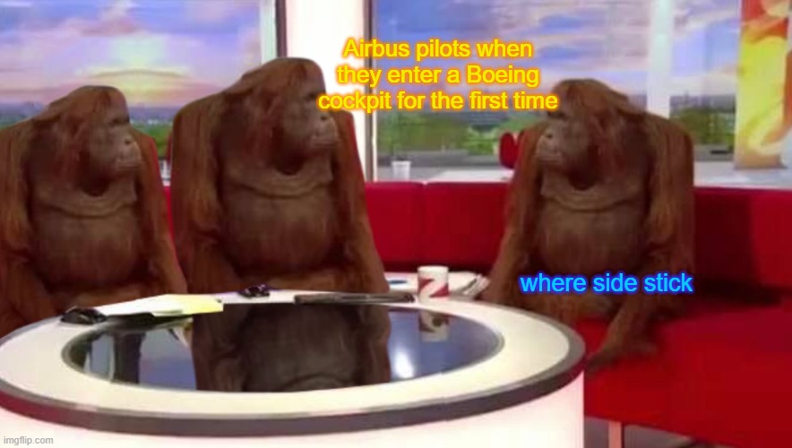 side stick? | Airbus pilots when they enter a Boeing cockpit for the first time; where side stick | image tagged in where monkey | made w/ Imgflip meme maker