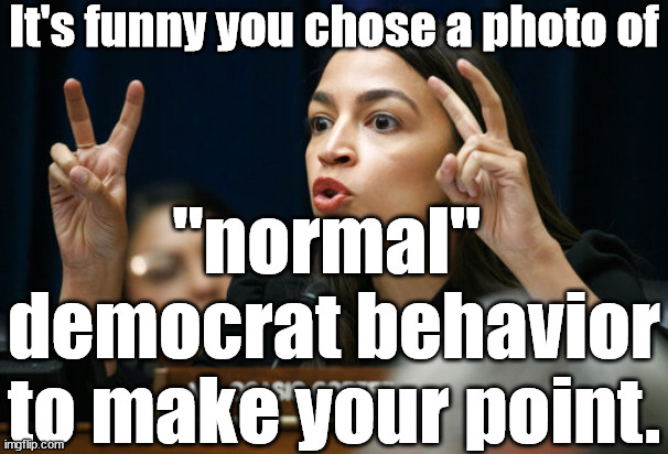 aoc the Air Head makes Air Quotes | It's funny you chose a photo of "normal" 
democrat behavior to make your point. | image tagged in aoc the air head makes air quotes | made w/ Imgflip meme maker