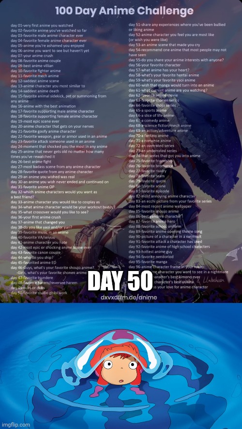 I'M HALFWAY THROUGH!!!! | DAY 50 | image tagged in 100 day anime challenge,ponyo meme | made w/ Imgflip meme maker