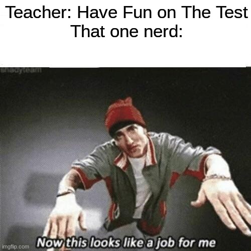 A job for them | Teacher: Have Fun on The Test
That one nerd: | image tagged in now this looks like a job for me,memes,shitpost,school,oh wow are you actually reading these tags | made w/ Imgflip meme maker