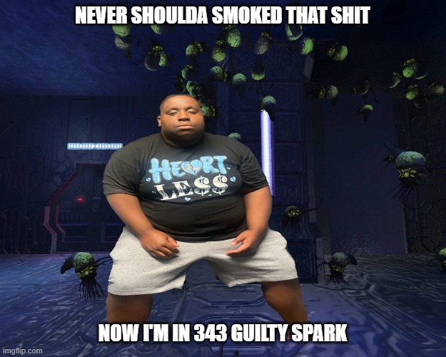 Never shoulda smoked that halo edition | NEVER SHOULDA SMOKED THAT SHIT; NOW I'M IN 343 GUILTY SPARK | image tagged in gaming,video games,halo | made w/ Imgflip meme maker