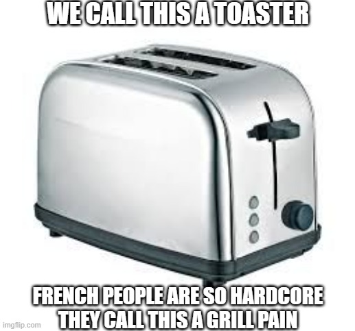 hardcore french toaster | WE CALL THIS A TOASTER; FRENCH PEOPLE ARE SO HARDCORE THEY CALL THIS A GRILL PAIN | image tagged in toaster,french,pain,funny,memes | made w/ Imgflip meme maker