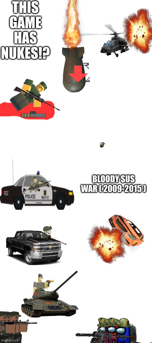 Roblox vs among us | THIS GAME HAS NUKES!? BLOODY SUS WAR ( 2009-2015 ) | image tagged in roblox and among us | made w/ Imgflip meme maker