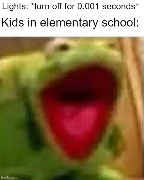oh no we're doomed | Lights: *turn off for 0.001 seconds*; Kids in elementary school: | image tagged in ahhhhhhhhhhhhh,funny,funny meme,kermit the frog,yelling,memes | made w/ Imgflip meme maker