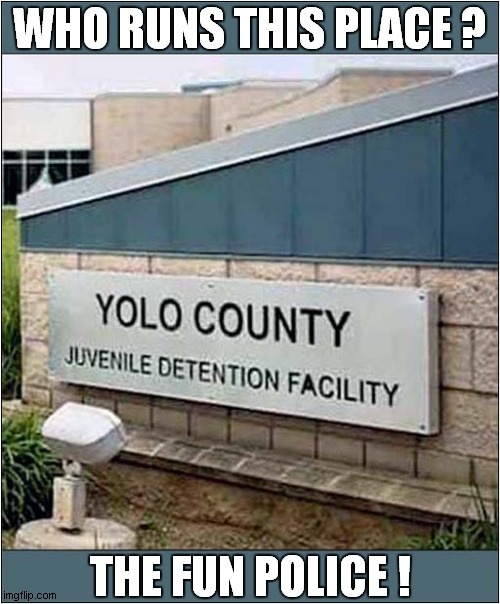 YOLO ! | WHO RUNS THIS PLACE ? THE FUN POLICE ! | image tagged in yolo,prison | made w/ Imgflip meme maker