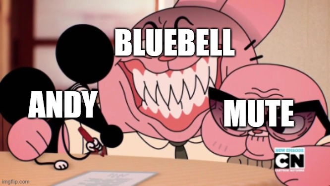 Mad Bomber | BLUEBELL; ANDY; MUTE | image tagged in evil richard | made w/ Imgflip meme maker