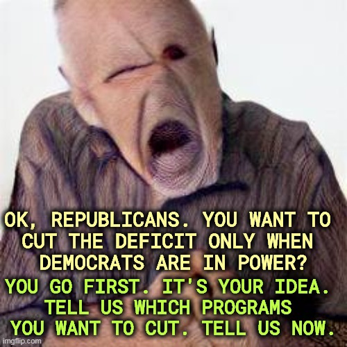 OK, REPUBLICANS. YOU WANT TO 
CUT THE DEFICIT ONLY WHEN 
DEMOCRATS ARE IN POWER? YOU GO FIRST. IT'S YOUR IDEA. 
TELL US WHICH PROGRAMS 
YOU WANT TO CUT. TELL US NOW. | image tagged in republicans,fake,budget cuts,bull | made w/ Imgflip meme maker