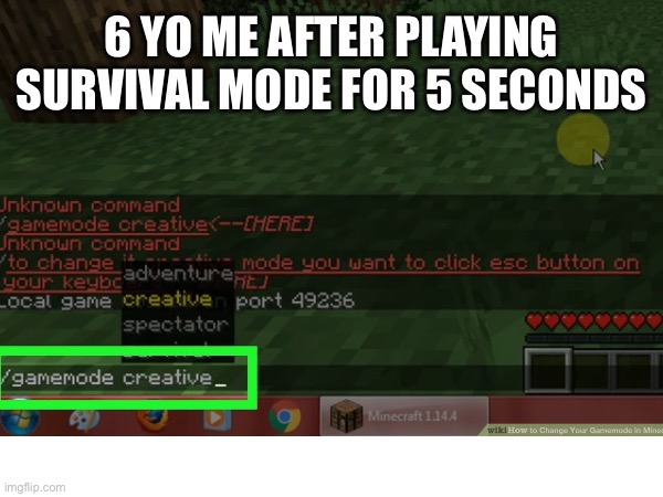 6 YO ME AFTER PLAYING SURVIVAL MODE FOR 5 SECONDS | made w/ Imgflip meme maker