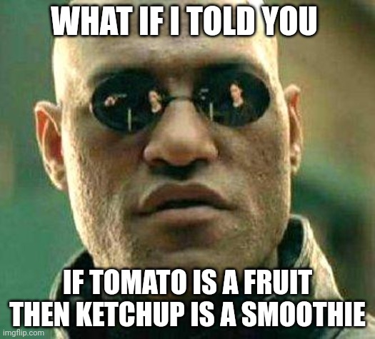 What if i told you | WHAT IF I TOLD YOU; IF TOMATO IS A FRUIT THEN KETCHUP IS A SMOOTHIE | image tagged in what if i told you | made w/ Imgflip meme maker