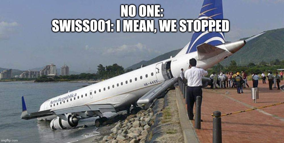 I mean we stopped | NO ONE:
SWISS001: I MEAN, WE STOPPED | image tagged in aero republica flight 7330,plane crash,plane,airplane,airplanes,planes | made w/ Imgflip meme maker