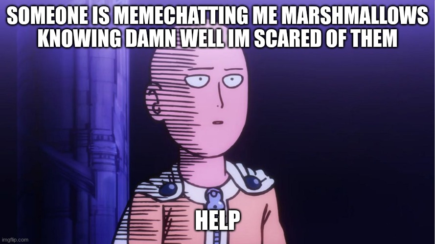 help | SOMEONE IS MEMECHATTING ME MARSHMALLOWS KNOWING DAMN WELL IM SCARED OF THEM; HELP | image tagged in saitama ok | made w/ Imgflip meme maker