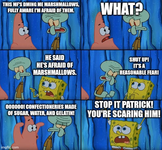 Stop it, Patrick! You're Scaring Him! | THIS MF'S DMING ME MARSHMALLOWS, FULLY AWARE I'M AFRAID OF THEM. WHAT? HE SAID HE'S AFRAID OF MARSHMALLOWS. SHUT UP! IT'S A REASONABLE FEAR! STOP IT PATRICK! YOU'RE SCARING HIM! OOOOOO! CONFECTIONERIES MADE OF SUGAR, WATER, AND GELATIN! | image tagged in stop it patrick you're scaring him | made w/ Imgflip meme maker