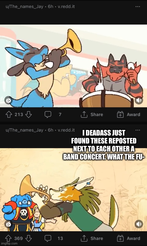 Also, It’s weird that Lucario and Incineroar are playing the Gen 3 battle theme | I DEADASS JUST FOUND THESE REPOSTED NEXT TO EACH OTHER A BAND CONCERT. WHAT THE FU- | made w/ Imgflip meme maker