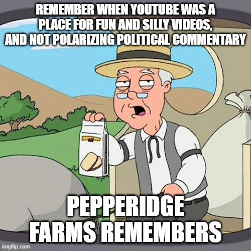 Politics is poison | REMEMBER WHEN YOUTUBE WAS A PLACE FOR FUN AND SILLY VIDEOS, AND NOT POLARIZING POLITICAL COMMENTARY; PEPPERIDGE FARMS REMEMBERS | image tagged in memes,pepperidge farm remembers | made w/ Imgflip meme maker