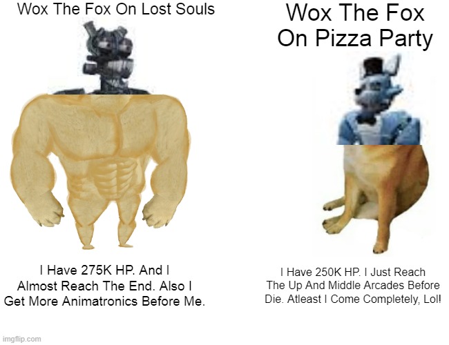 Buff Doge vs. Cheems | Wox The Fox On Lost Souls; Wox The Fox On Pizza Party; I Have 275K HP. And I Almost Reach The End. Also I Get More Animatronics Before Me. I Have 250K HP. I Just Reach The Up And Middle Arcades Before Die. Atleast I Come Completely, Lol! | image tagged in memes,buff doge vs cheems,tower defense simulator,wox the fox,pizza party,lost souls | made w/ Imgflip meme maker