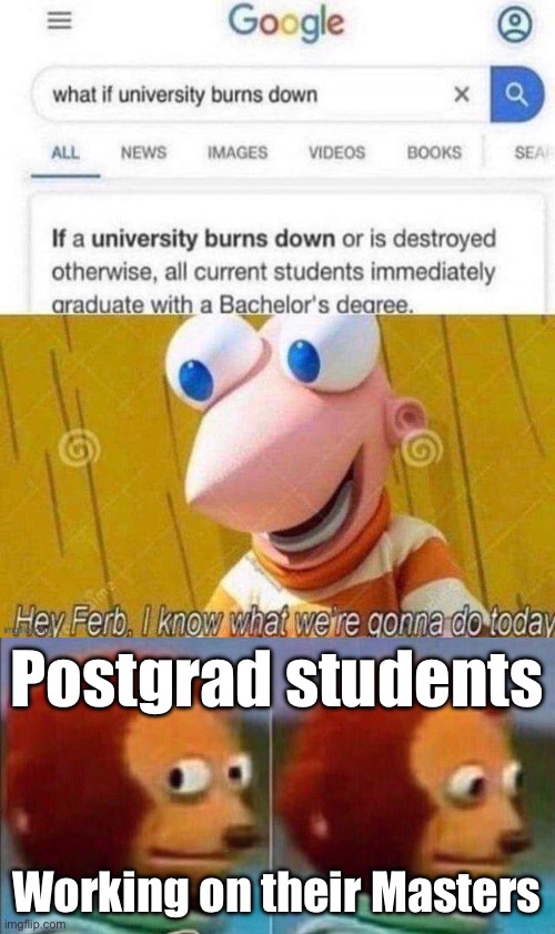 Uni, Uni, Uni is on fire | Postgrad students Working on their Masters | image tagged in monkey looking away,university,on fire | made w/ Imgflip meme maker