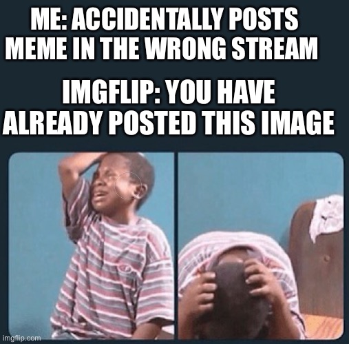 PAAAIIINNNN | ME: ACCIDENTALLY POSTS MEME IN THE WRONG STREAM; IMGFLIP: YOU HAVE ALREADY POSTED THIS IMAGE | image tagged in black kid crying with knife,pain,why | made w/ Imgflip meme maker