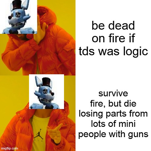 Wox The Fox Logic | be dead on fire if tds was logic; survive fire, but die losing parts from lots of mini people with guns | image tagged in memes,drake hotline bling,tds,tower defense simulator | made w/ Imgflip meme maker