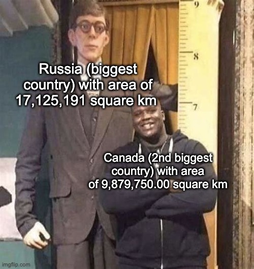 Russia is pretty close to 2x larger than Canada | Russia (biggest country) with area of 17,125,191 square km; Canada (2nd biggest country) with area of 9,879,750.00 square km | image tagged in shaquille and wadlow | made w/ Imgflip meme maker