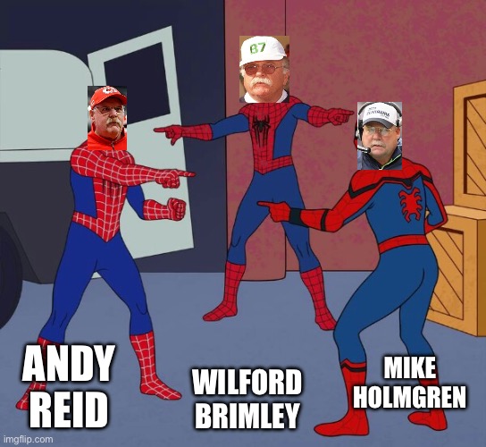 Separated at birth? | MIKE HOLMGREN; ANDY REID; WILFORD BRIMLEY | image tagged in spider man triple,andy reid,mike holmgren,wilford brimley,memes | made w/ Imgflip meme maker