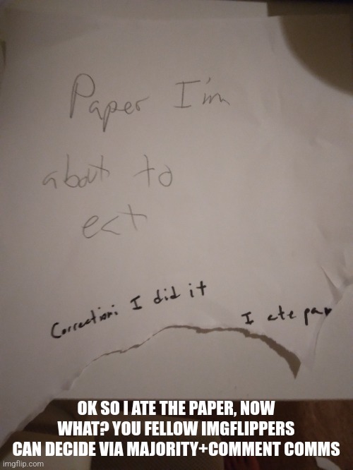 You all don't get to see me in my memes yet haha lol | OK SO I ATE THE PAPER, NOW WHAT? YOU FELLOW IMGFLIPPERS CAN DECIDE VIA MAJORITY+COMMENT COMMS | image tagged in y u read dis | made w/ Imgflip meme maker