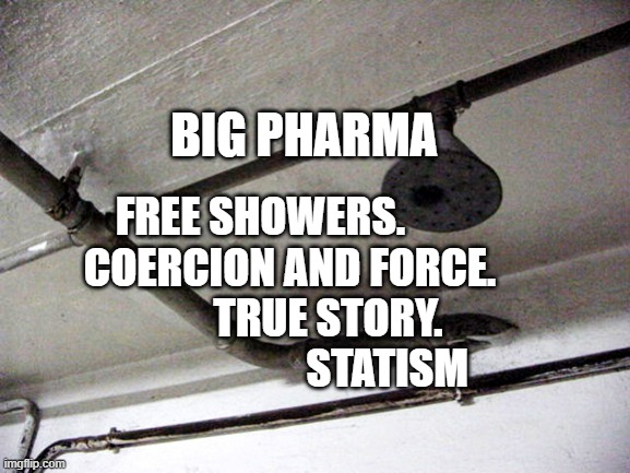 Gas Chambers | BIG PHARMA; FREE SHOWERS.           COERCION AND FORCE.               TRUE STORY.                          STATISM | image tagged in gas chambers | made w/ Imgflip meme maker