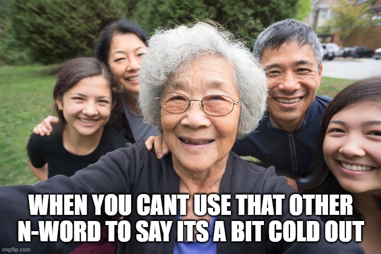 its chilly outside | WHEN YOU CANT USE THAT OTHER N-WORD TO SAY ITS A BIT COLD OUT | image tagged in happy asians,weather,cold,funny af,race,satire | made w/ Imgflip meme maker