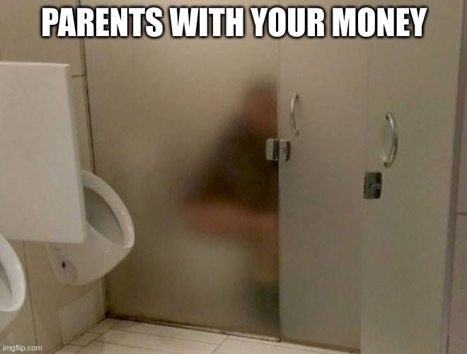dude they promise to keep them safe but | PARENTS WITH YOUR MONEY | image tagged in toilet cubicle glass side | made w/ Imgflip meme maker