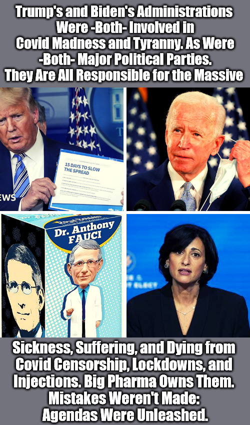 Bipartisan Pandemic of the Unincarcerated | Trump's and Biden's Administrations 
Were -Both- Involved in Covid Madness and Tyranny. As Were -Both- Major Political Parties. They Are All Responsible for the Massive; Sickness, Suffering, and Dying from 
Covid Censorship, Lockdowns, and 
Injections. Big Pharma Owns Them. 
Mistakes Weren't Made: 
Agendas Were Unleashed. | image tagged in covid,covid fallout,new nuremberg trials,no covid amnesty,democratic party sucks,republican party sucks | made w/ Imgflip meme maker