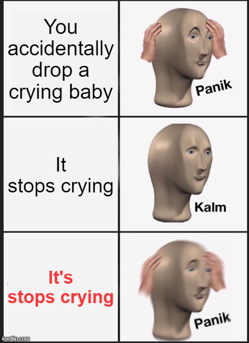 Panik Kalm Panik |  You accidentally drop a crying baby; It stops crying; It's stops crying | image tagged in memes,panik kalm panik | made w/ Imgflip meme maker